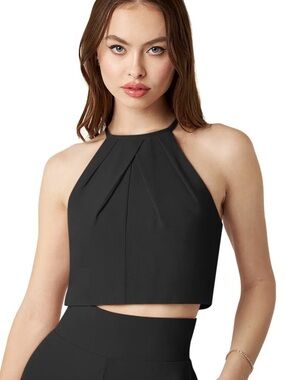 Azazie Black Halter Crop Top with Pleated Neckline
